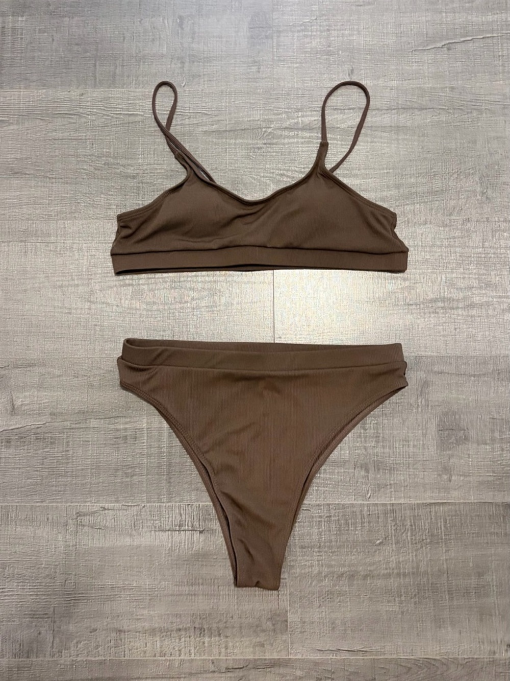 Minimal Ribbed Brown Bikini Set — Scoop Bralette & High-Cut Bottoms
